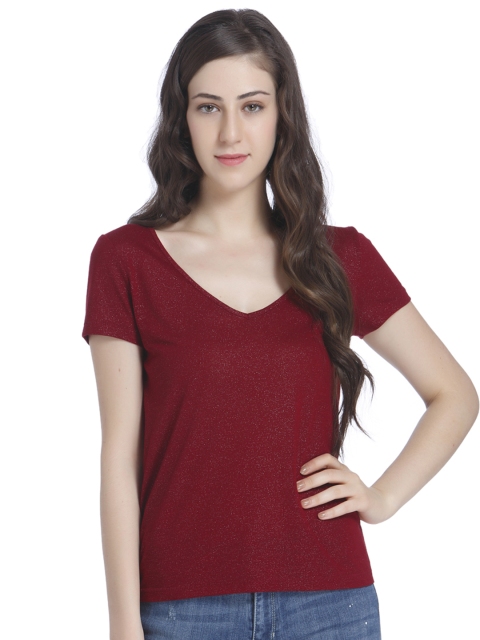 

ONLY Women Maroon Solid V-Neck T-shirt