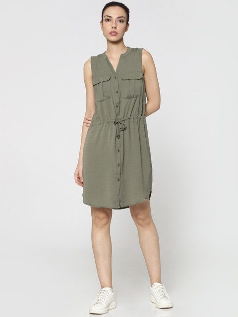 

ONLY Women Olive Green Solid Shirt Dress