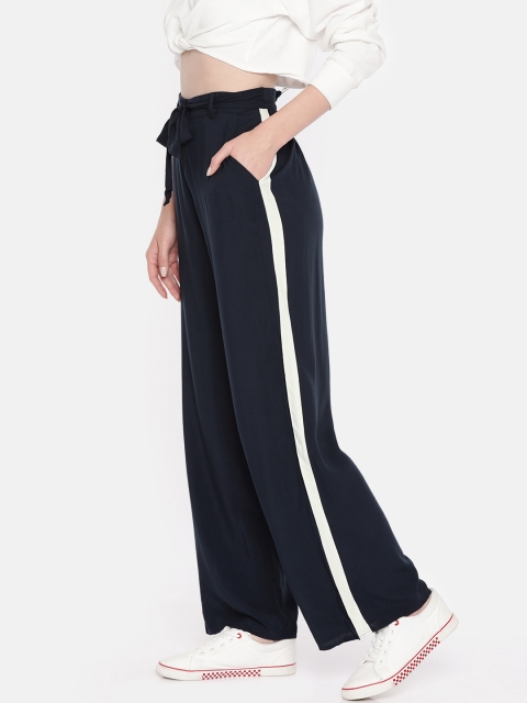 

ONLY Women Navy Blue Regular Fit Solid Parallel Trousers With Side Strip Detail