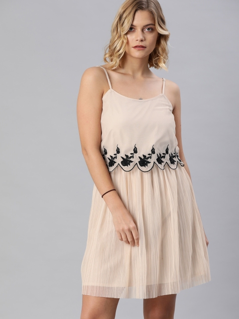 

ONLY Women Beige Embroidered Fit and Flare Dress