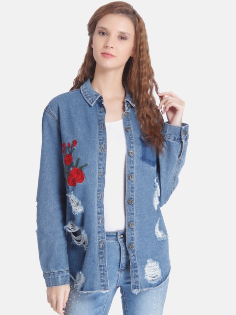 

ONLY Women Blue Regular Fit Embroidered Distressed Casual Shirt