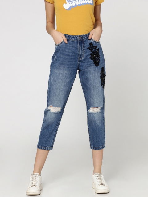 

ONLY Women Blue Boyfriend Fit Mid-Rise Slash Knee Cropped Jeans