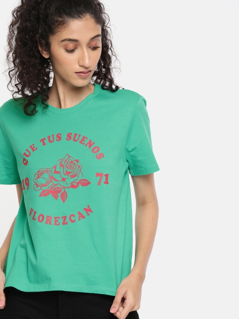 

ONLY Women Teal Green Printed Round Neck T-shirt