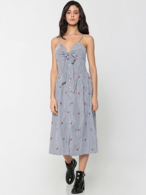 

ONLY Women Navy & White Striped A-Line Dress, Navy blue