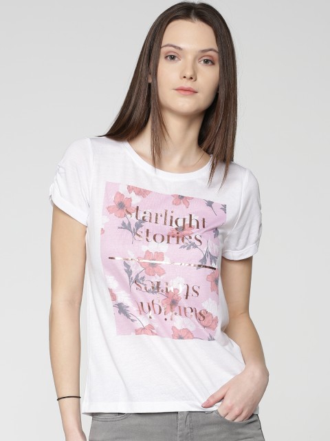 

ONLY Women White Printed Round Neck T-shirt