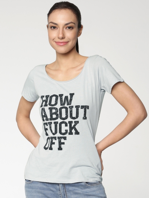 

ONLY Women Blue Printed Round Neck T-shirt