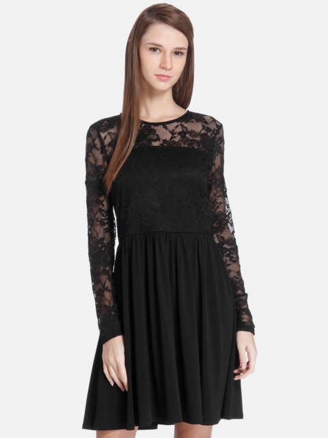 

ONLY Women Black Self Design Floral Fit and Flare Dress