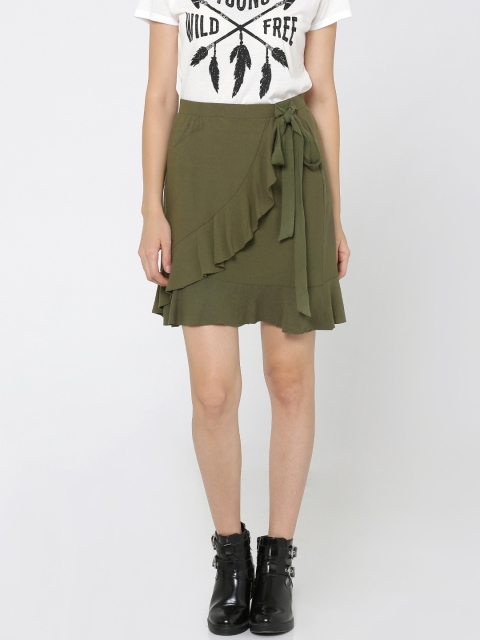 

ONLY Women Olive Green Solid A-Line Flared Skirt