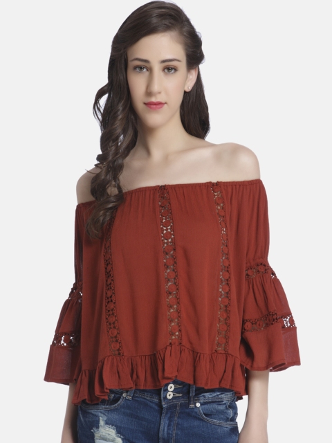 

ONLY Women Rust Brown Self Design Bardot Top