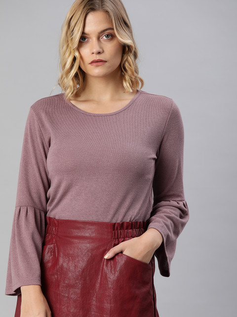 

ONLY Women Mauve Solid Round Neck Bell Sleeves T-shirt