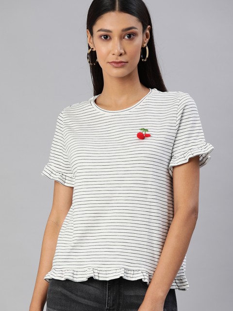 

ONLY Women White Striped Round Neck T-shirt with Pleated Detailing