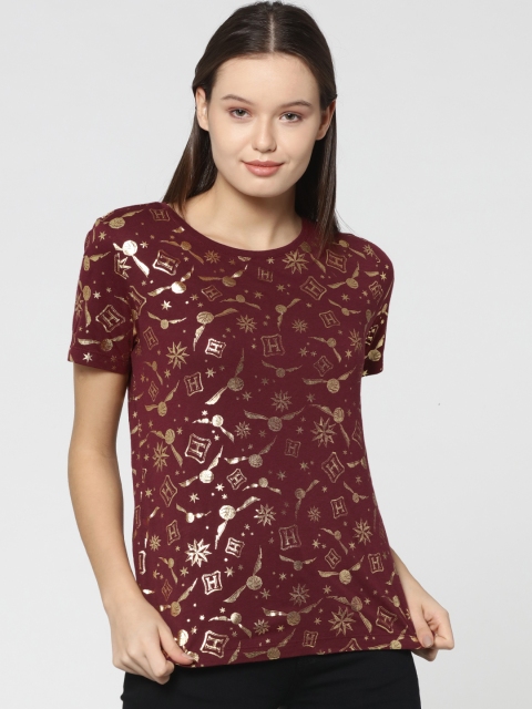 

ONLY Women Maroon & Gold-Toned Printed Round Neck T-shirt