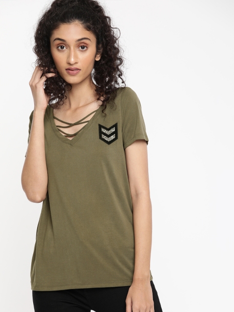 

ONLY Women Olive Green Solid Regular Top