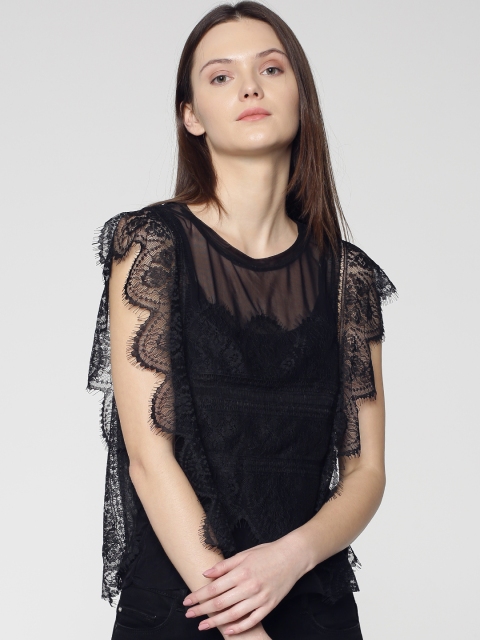 

ONLY Women Black Self Design Lace Semi Sheer Top