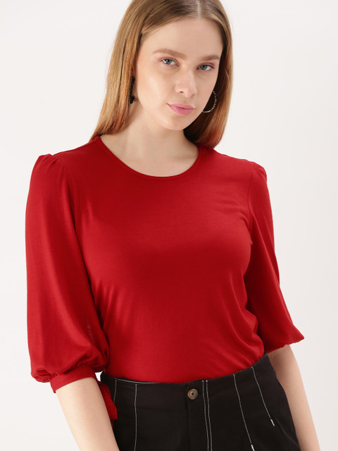 

DressBerry Women Rust Red Solid Round Neck Top