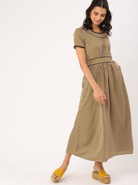

DressBerry Women Mustard & Navy Blue Striped Maxi Dress