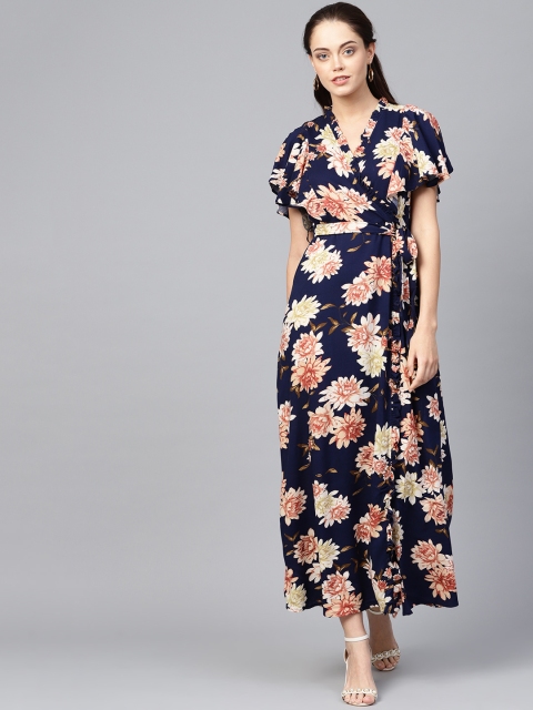

Femella Women Navy Blue & Peach-Coloured Printed Maxi Dress