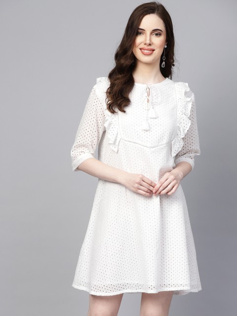 

Femella Women White Schiffli Embroidered A-Line Dress