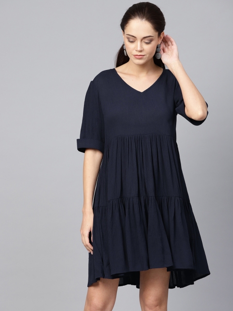 

Femella Women Navy Blue Solid Tiered A-Line Dress