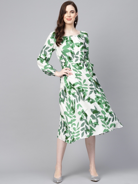 

Femella Women White & Green Printed A-Line Dress