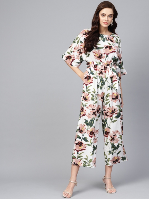 

Femella Women White & Peach-Coloured Printed Culotte Jumpsuit