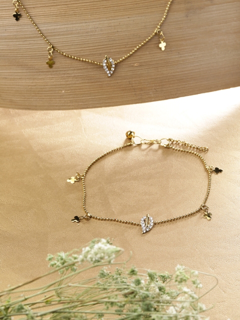 

Priyaasi Set of 2 Antique Gold-Plated Stone-Studded Leaf-Shaped Anklets
