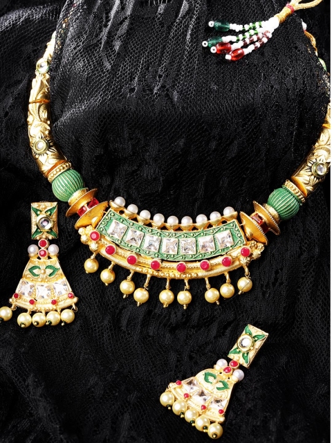 

Priyaasi Green & Red Gold-Plated Stone-Studded Handcrafted Jewellery Set