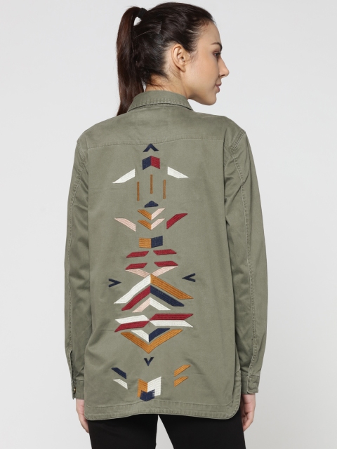 

ONLY Women Olive Green Back Embroidered Jacket
