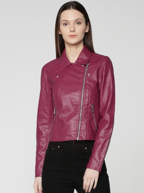 

ONLY Women Maroon Solid Asymmetric Closure Biker Jacket