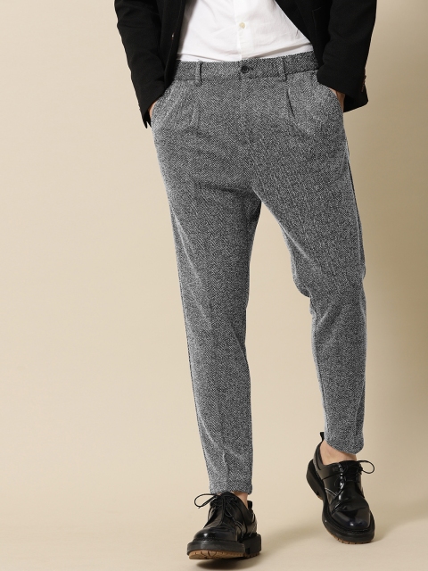 

Mr Bowerbird Men Black & White Tapered Fit Self Design Regular Trousers