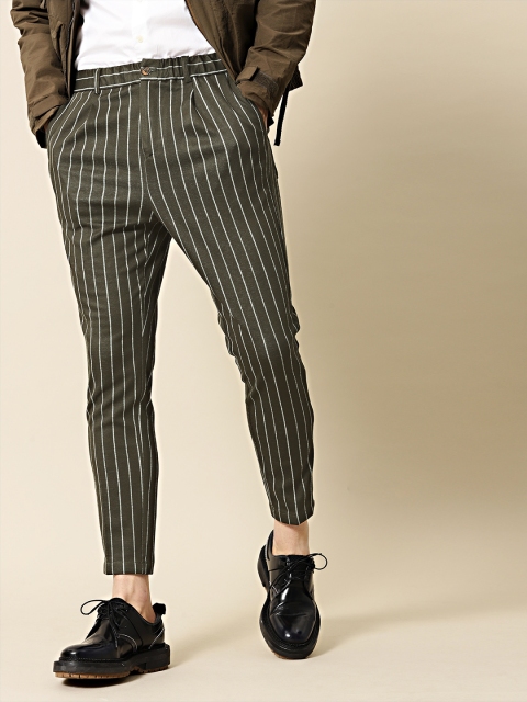 

Mr Bowerbird Men Olive Green & White Tapered Fit Striped Regular Trousers
