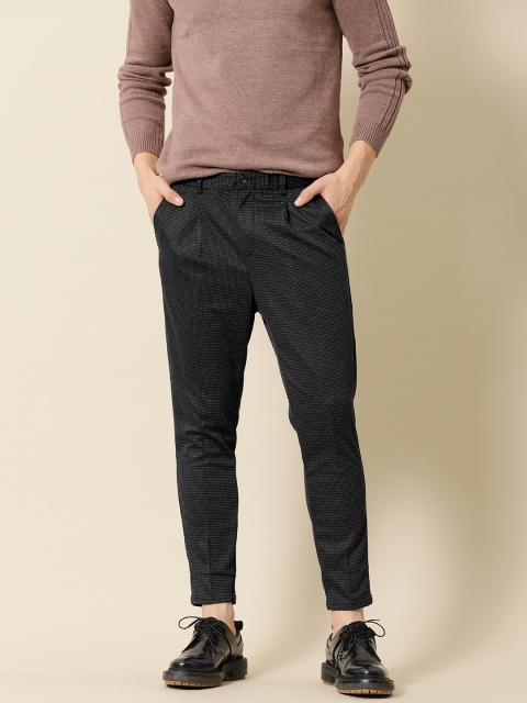 

Mr Bowerbird Men Black & Grey Tapered Fit Self Design Regular Trousers