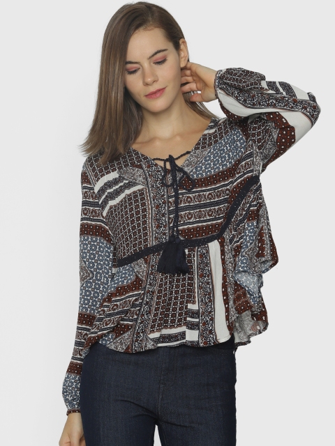 

ONLY Women White & Blue Printed A-Line Top