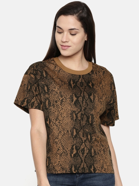 

ONLY Women Brown Printed Round Neck Pure Cotton T-shirt