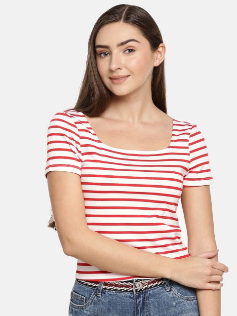 

ONLY Women White & Red Striped Boat Neck Top