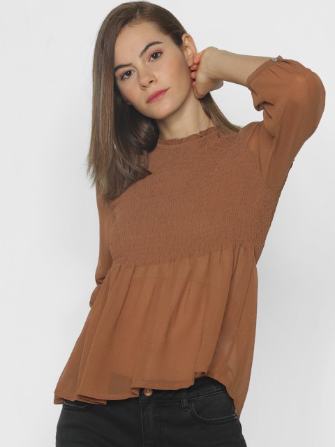 

ONLY Women Brown Solid Peplum Semi-Sheer Top