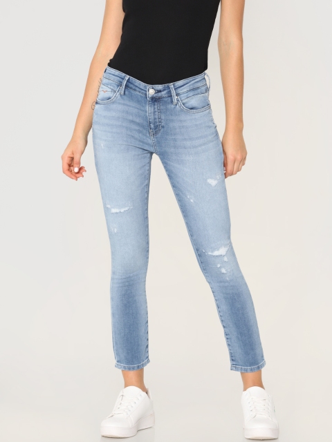 

ONLY Women Blue Carmen Skinny Fit Mid-Rise Low Distress Stretchable Cropped Jeans