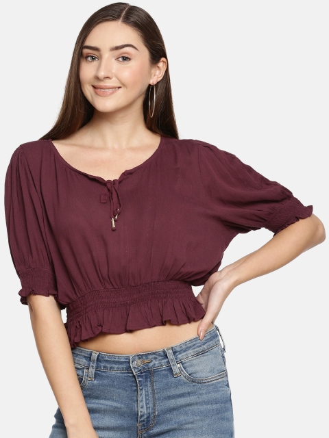 

ONLY Women Maroon Solid Cropped Cinched Waist Top