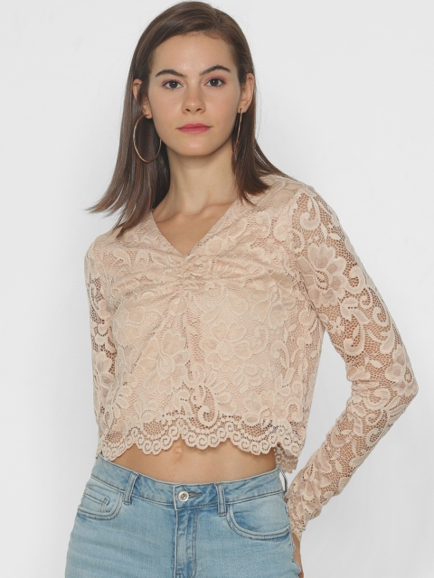 

ONLY Women Beige Self Design Lace Crop Top, Cream