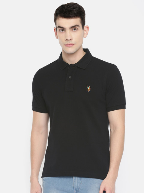 

U.S. Polo Assn. Denim Co. Men Black Solid Polo Collar Pure Cotton T-shirt
