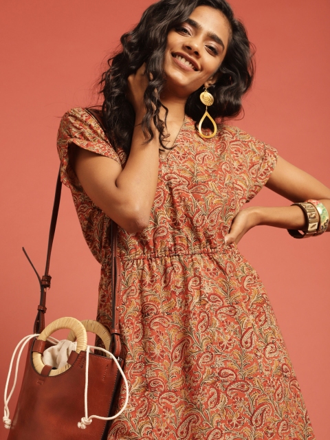 

Taavi Women Rust Orange & Green Kalamkari Print Empire Dress with Gathers