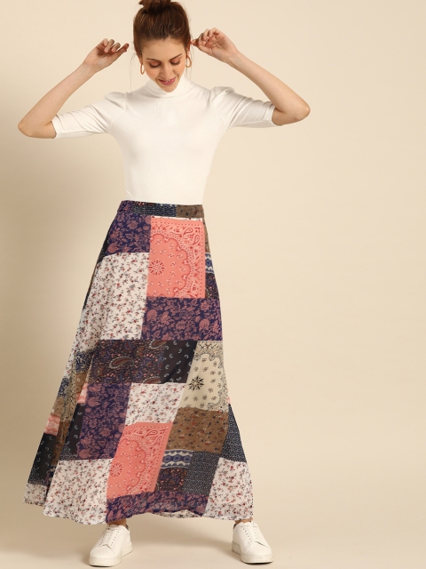 

DressBerry Women Navy Blue & Pink Printed A-Line Maxi Skirt