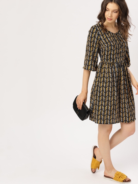 

DressBerry Women Black & Mustard Yellow Printed Fit & Flare Dress