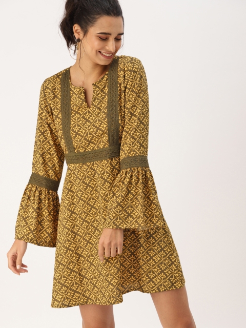 

DressBerry Women Olive Green & Yellow A-Line Dress