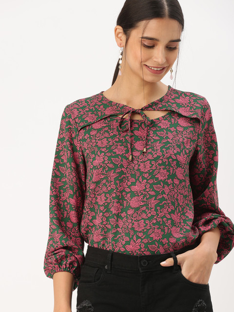 

DressBerry Women Olive green & Pink Printed Top