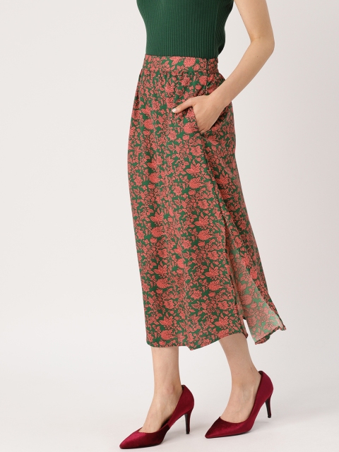 

DressBerry Women Green & Pink Printed Midi A-Line Skirt