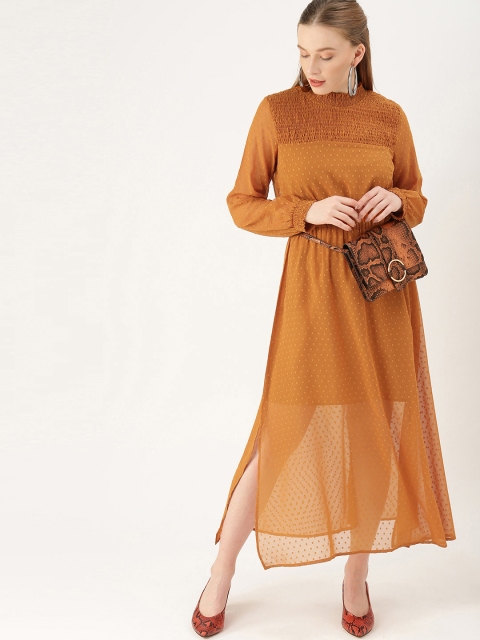 

DressBerry Women Self Design Mustard Yellow Fit and Flare Semi Sheer Midi Dress