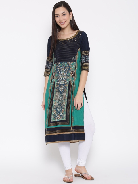

WISHFUL by W Women Navy & Green Floral Print Kurta, Navy blue