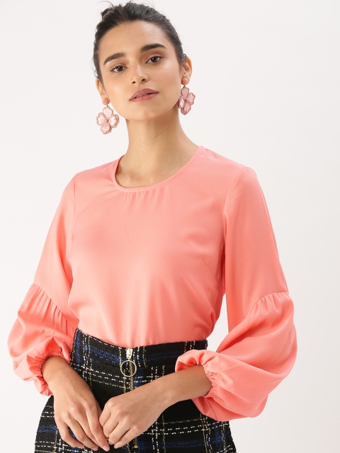 

DressBerry Women Coral Solid Round Neck Top