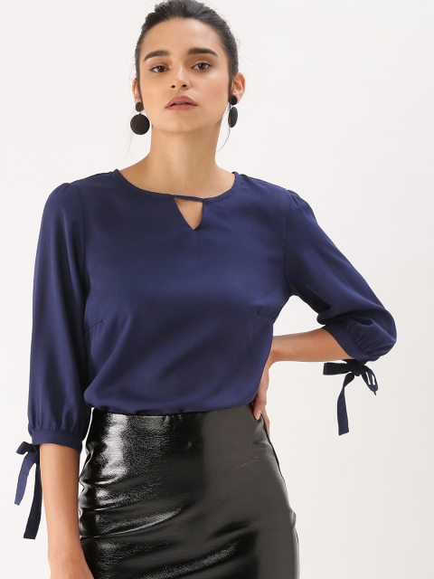 

DressBerry Women Navy Blue Solid Keyhole Neck Top